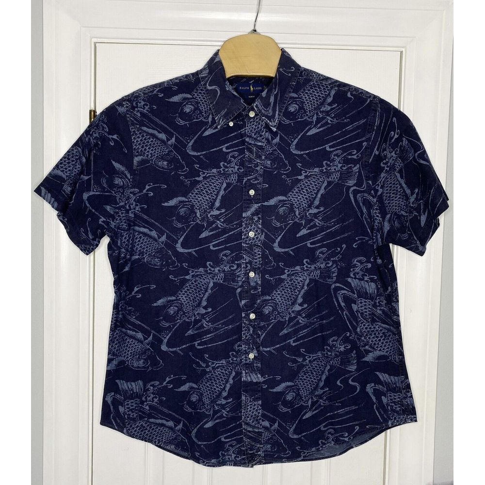 Ralph Lauren Mens Short Sleeve Button Front‎ Shirt Koi Fish Blue 2XL- Read
